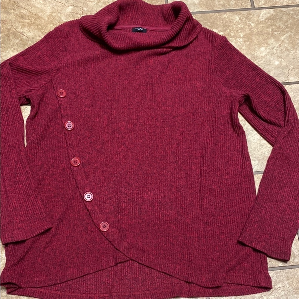 Studio 1886 Burgundy Ribbed Turtleneck Sweater with Asymmetrical Style
